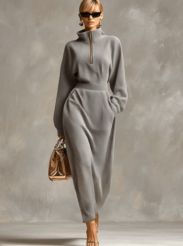 Morgan & Brooke | Grey Waffle Long Sleeve Casual Dress