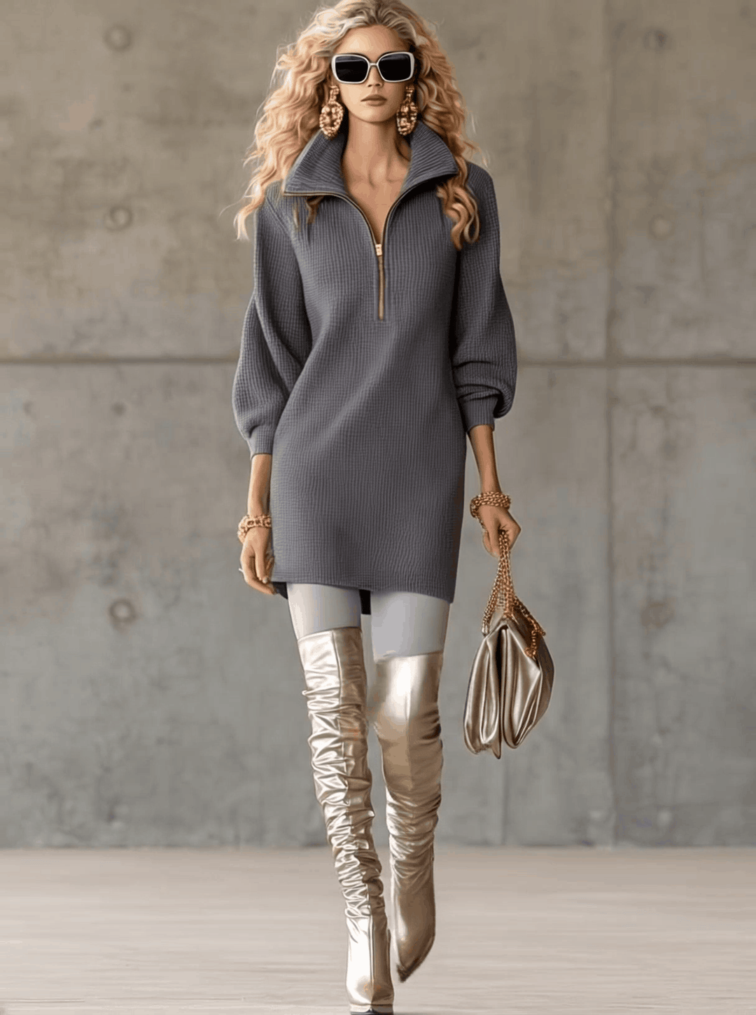 Morgan & Brooke | Grey Waffle Casual Dress