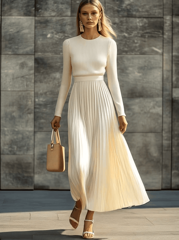 Morgan & Brooke | Cream Satin Pleated Casual Dress