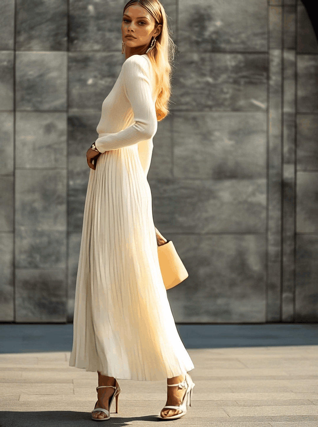 Morgan & Brooke | Cream Satin Pleated Casual Dress