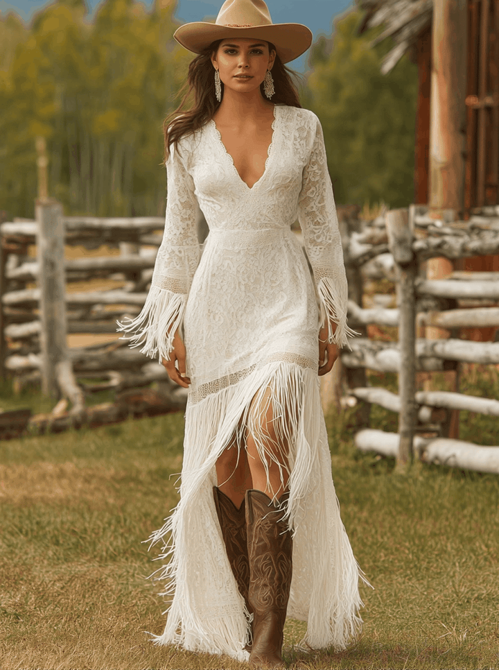 Morgan & Brooke | White Lace V-Neck Evening Dress