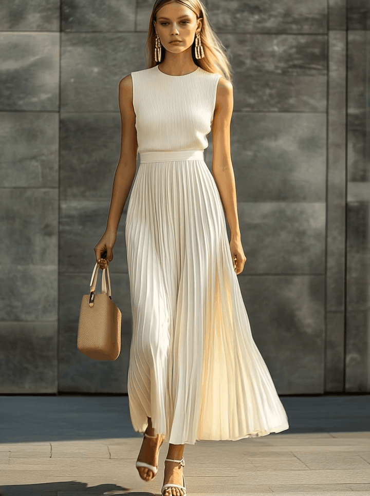 Morgan & Brooke | Cream Chiffon Pleated Casual Dress