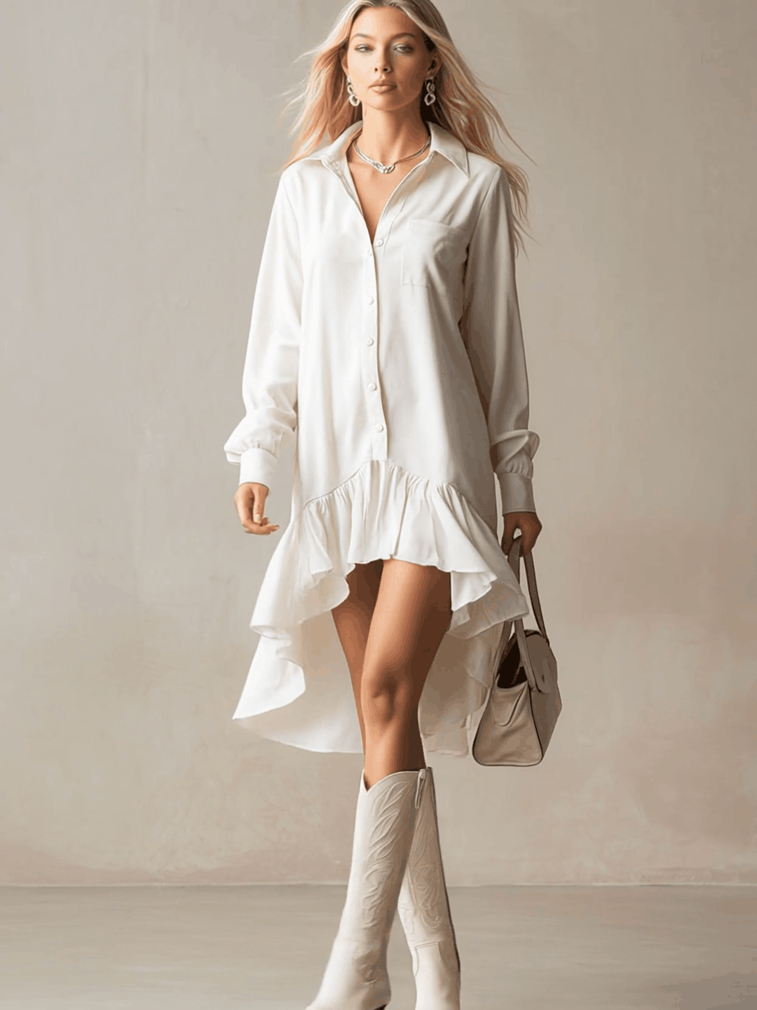 Morgan & Brooke | White Denim Ruffle Evening Dress