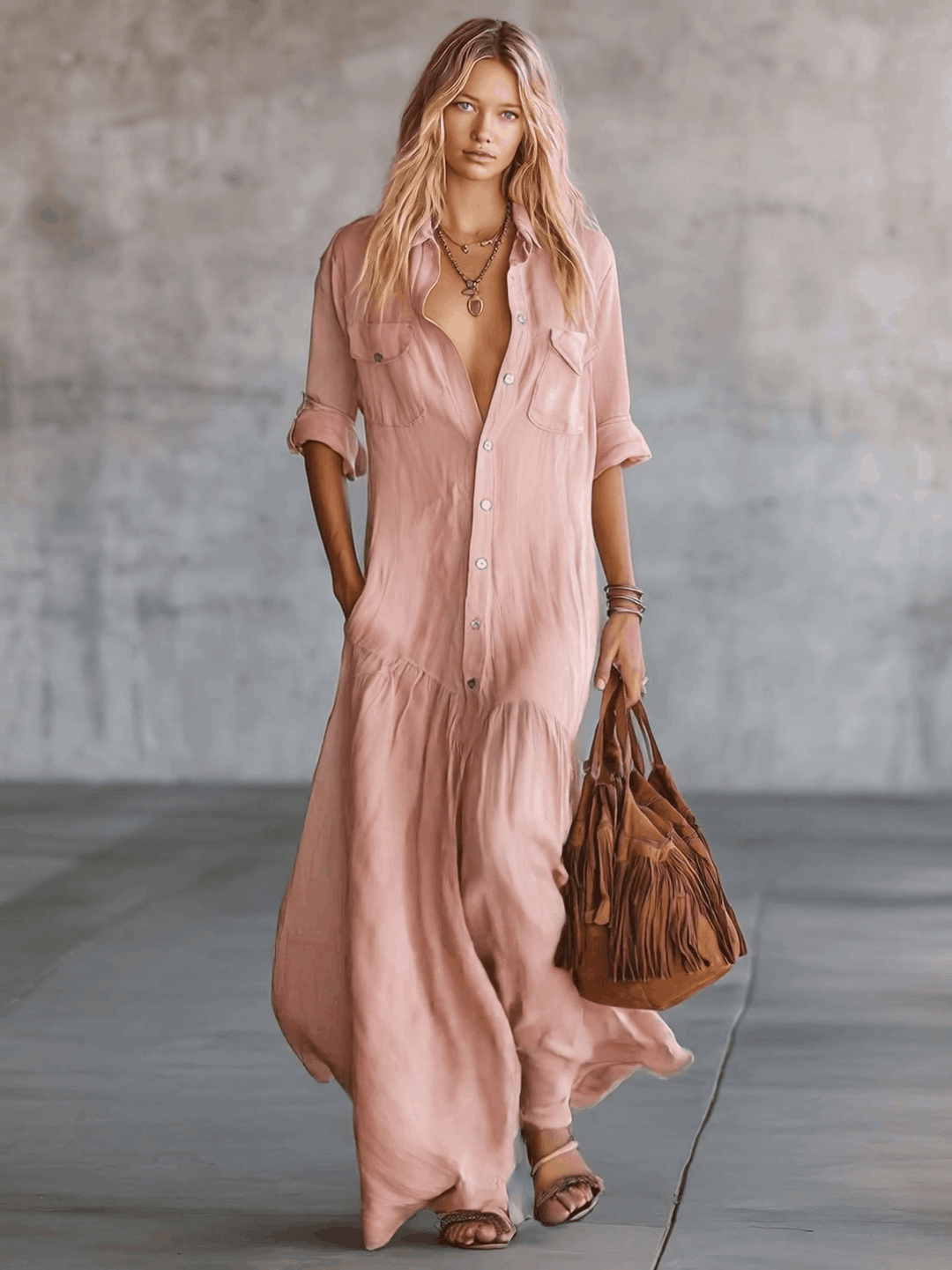 Morgan & Brooke | Pink Linen V-Neck Casual Dress