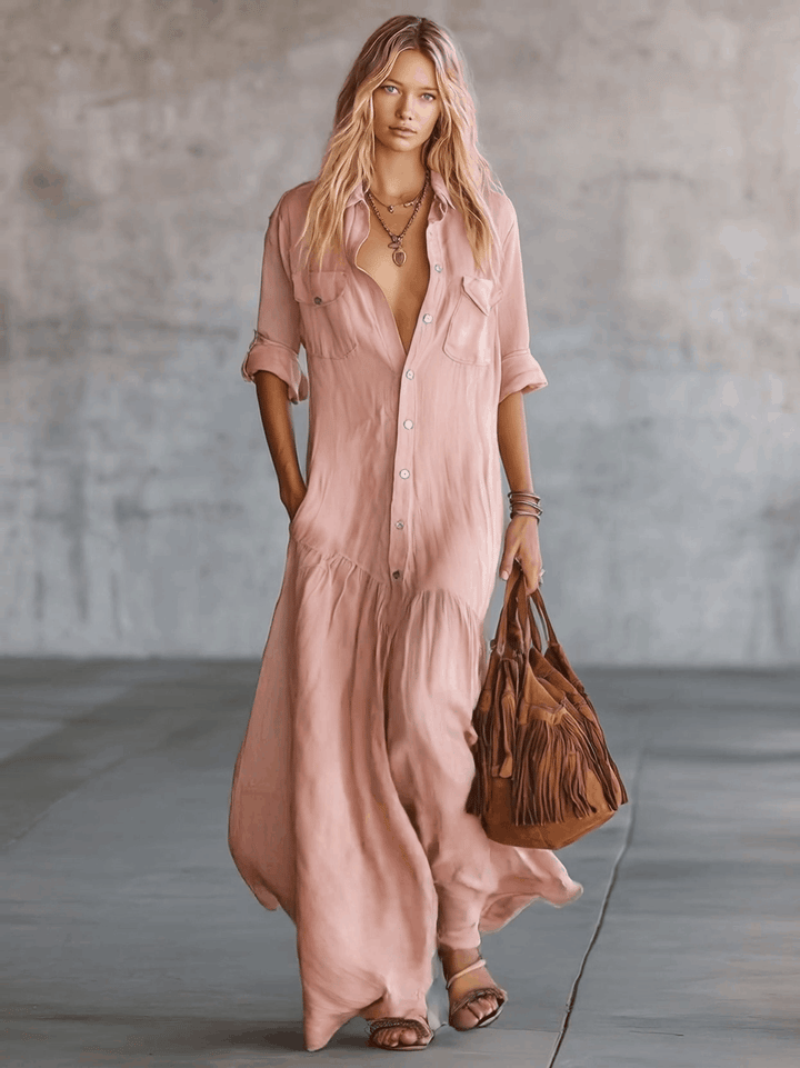 Morgan & Brooke | Pink Linen V-Neck Casual Dress