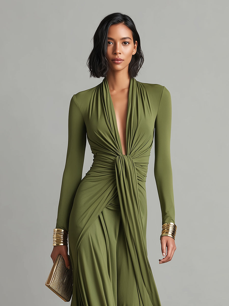 Morgan & Brooke | Olive Silk V-Neck Dress