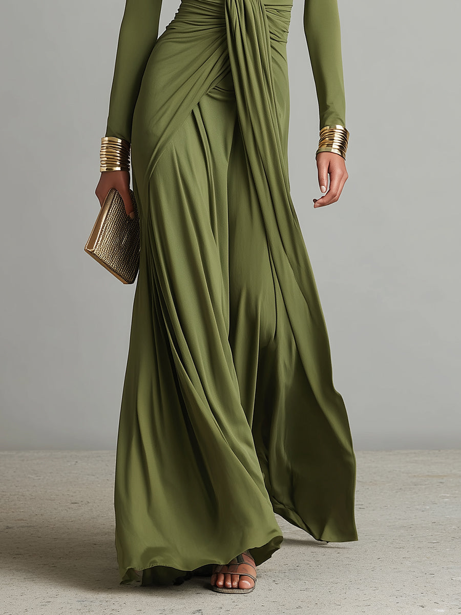 Morgan & Brooke | Olive Silk V-Neck Dress