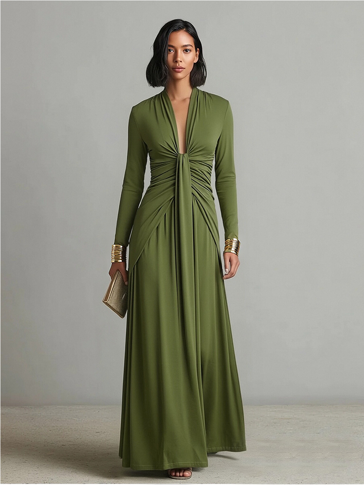 Morgan & Brooke | Olive Silk V-Neck Dress
