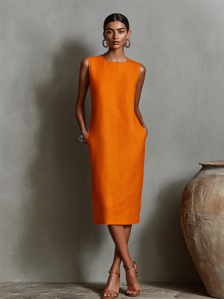 Morgan & Brooke | Orange Linen Sleeveless Evening Dress