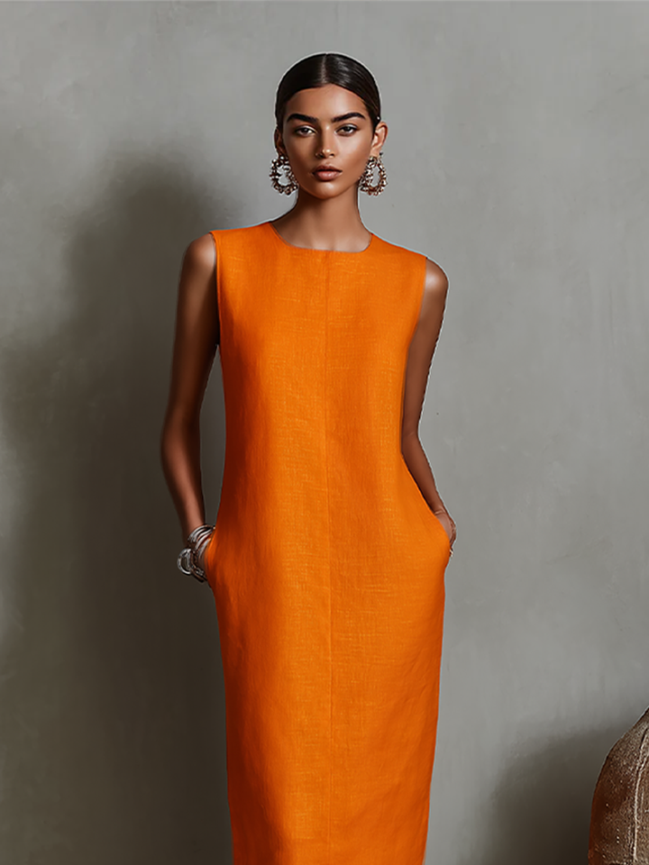 Morgan & Brooke | Orange Linen Sleeveless Evening Dress