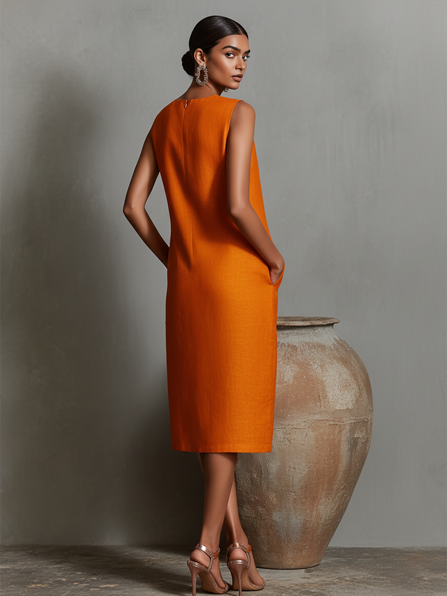 Morgan & Brooke | Orange Linen Sleeveless Evening Dress