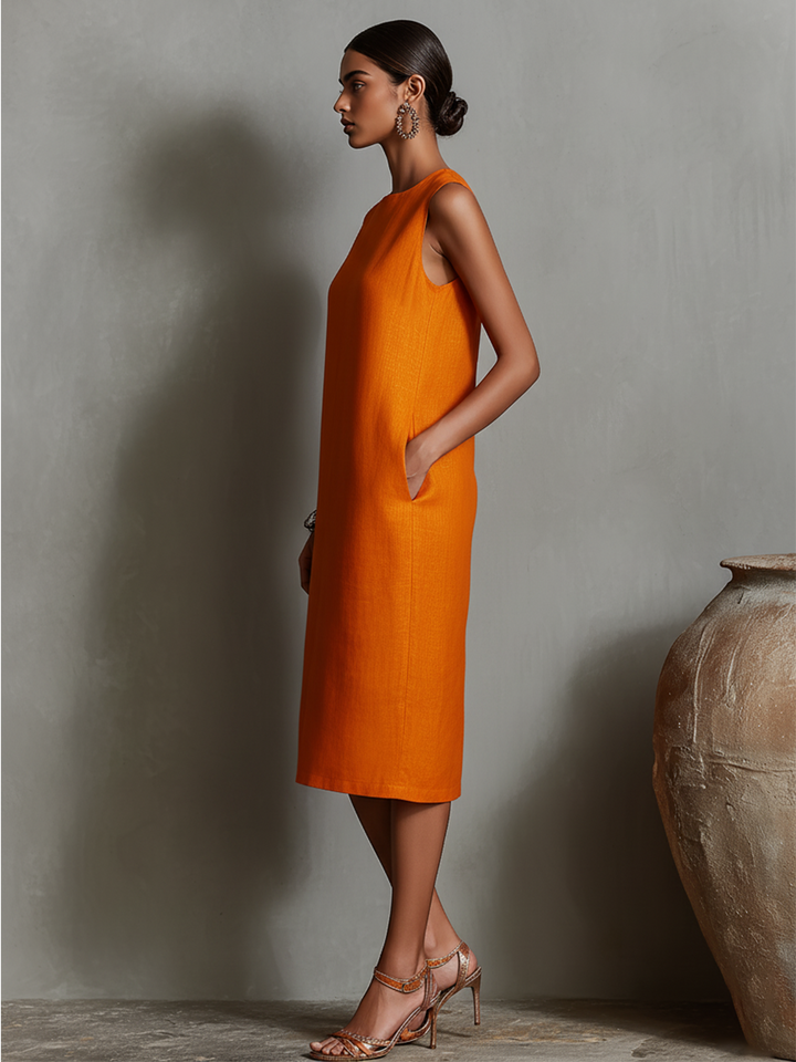 Morgan & Brooke | Orange Linen Sleeveless Evening Dress