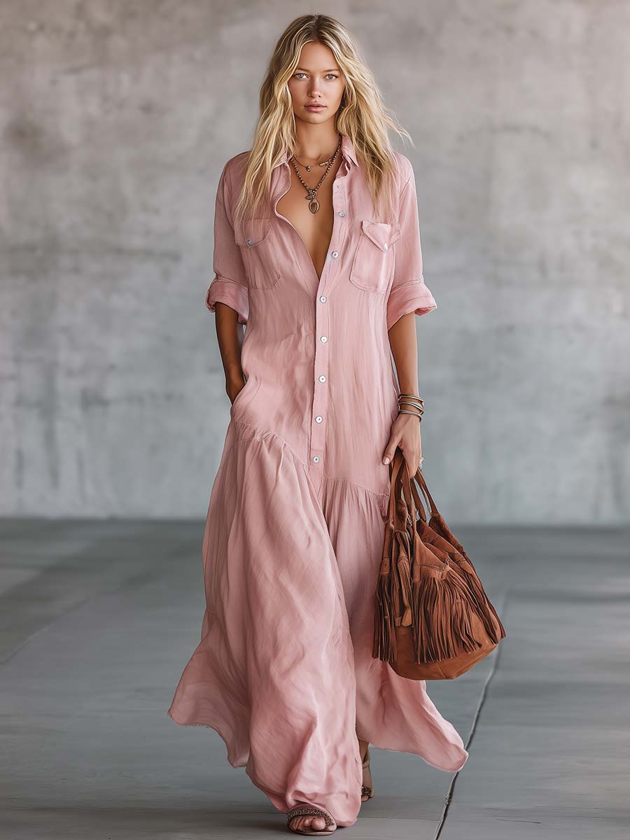 Morgan & Brooke | Pink Linen V-Neck Casual Dress