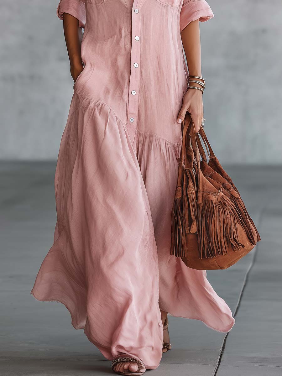 Morgan & Brooke | Pink Linen V-Neck Casual Dress