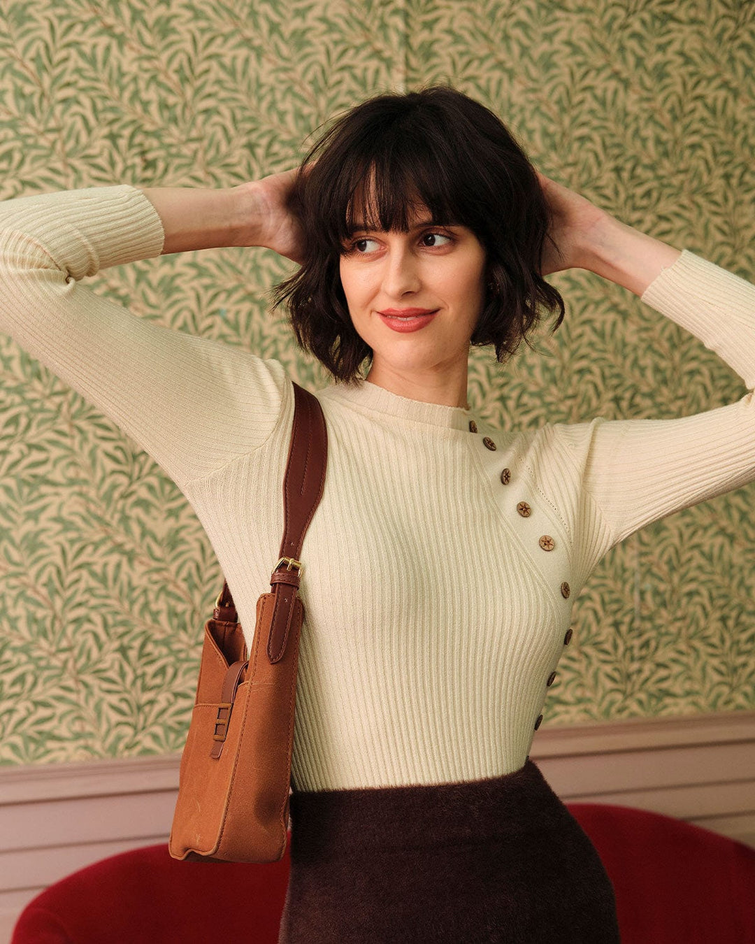 Morgan and Brooke | Beige Mock Neck Ribbed Knit Top