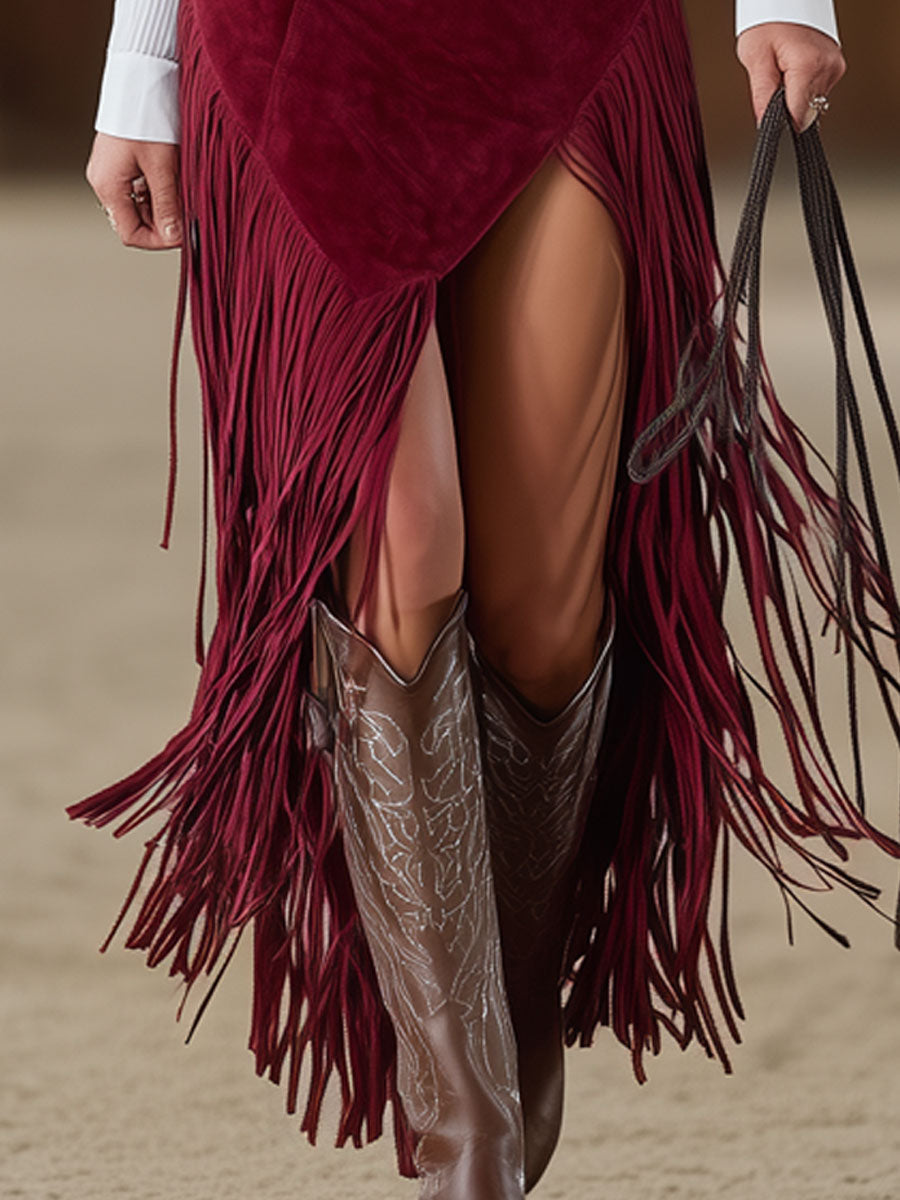Morgan & Brooke | Red Faux Suede Slit Casual Dress
