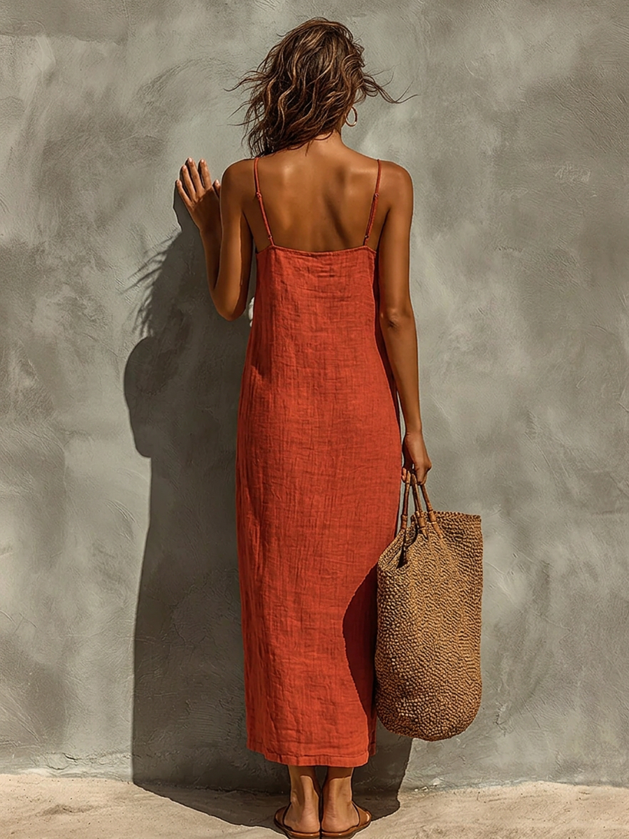Morgan & Brooke | Red Linen Casual Dress