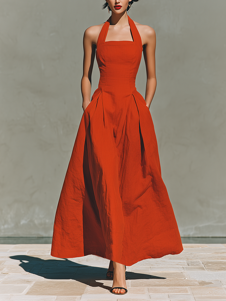 Morgan & Brooke | Red Linen Halter Neck Casual Dress