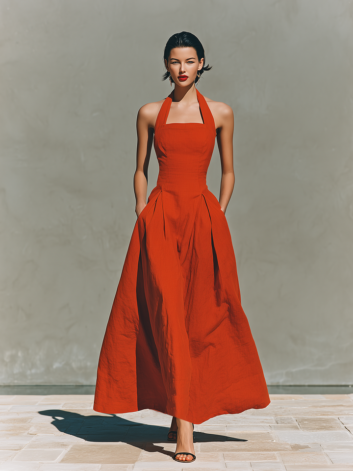 Morgan & Brooke | Red Linen Halter Neck Casual Dress