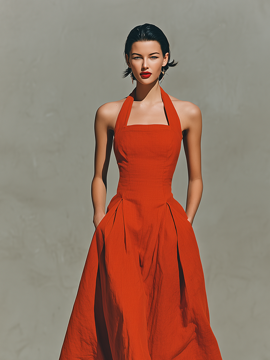 Morgan & Brooke | Red Linen Halter Neck Casual Dress