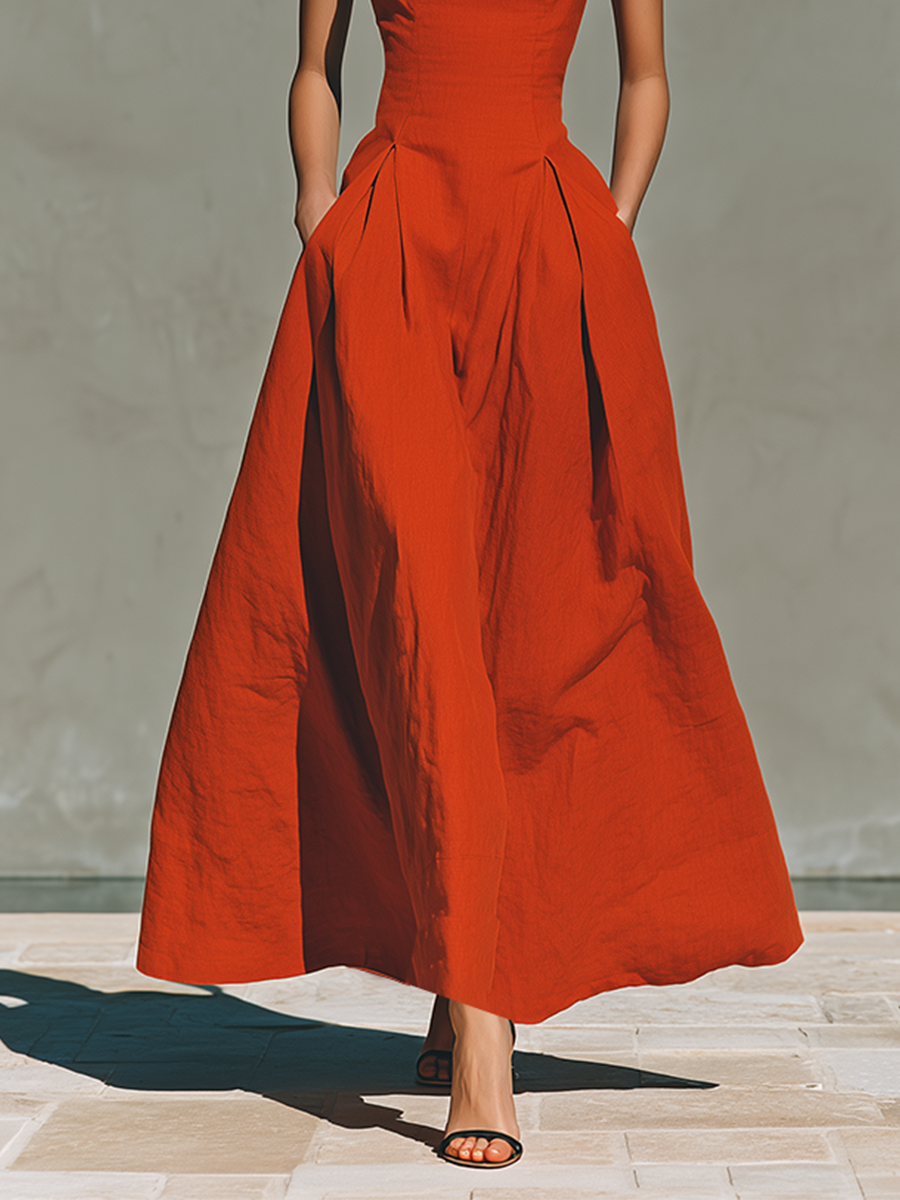 Morgan & Brooke | Red Linen Halter Neck Casual Dress