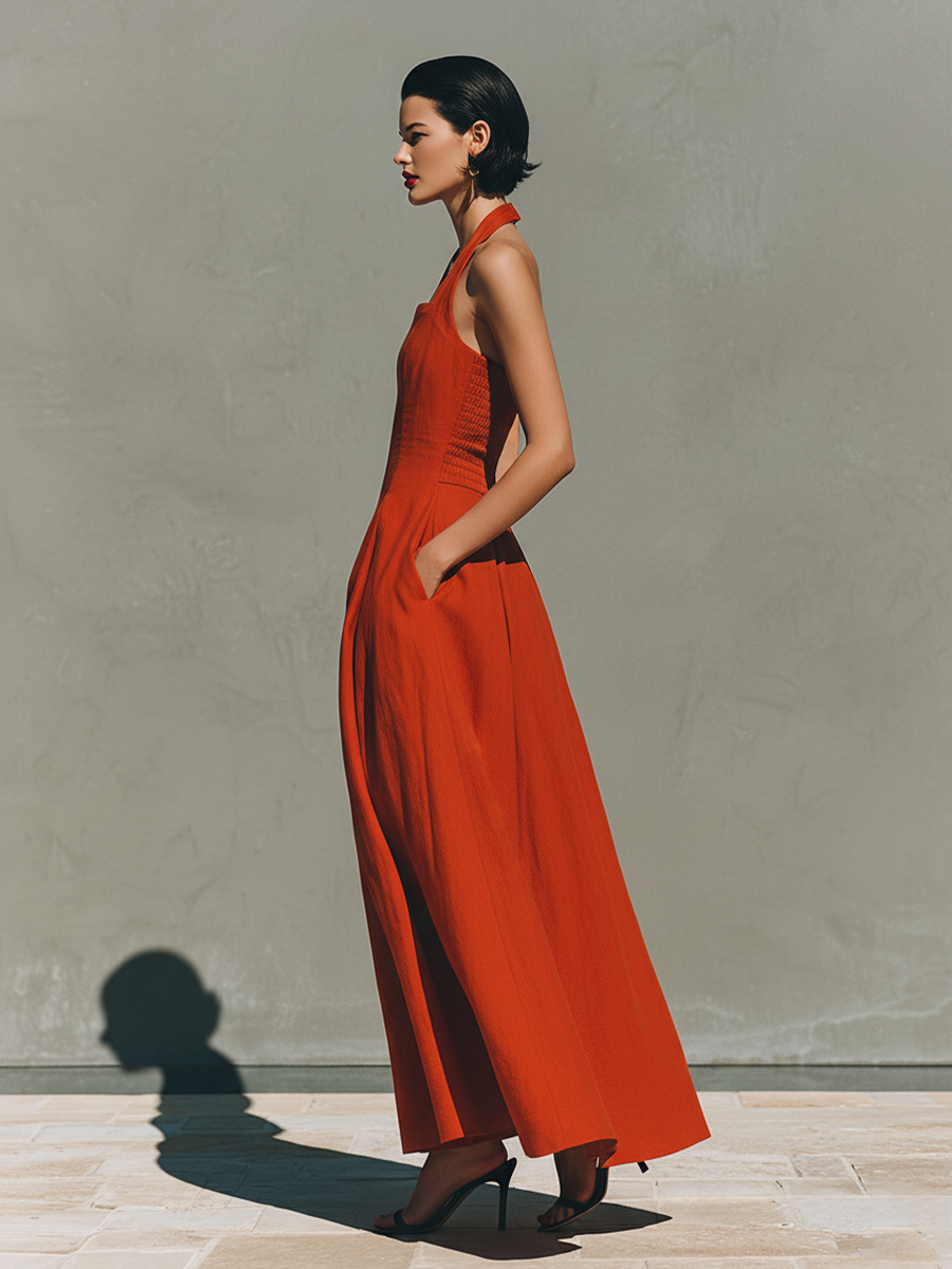 Morgan & Brooke | Red Linen Halter Neck Casual Dress