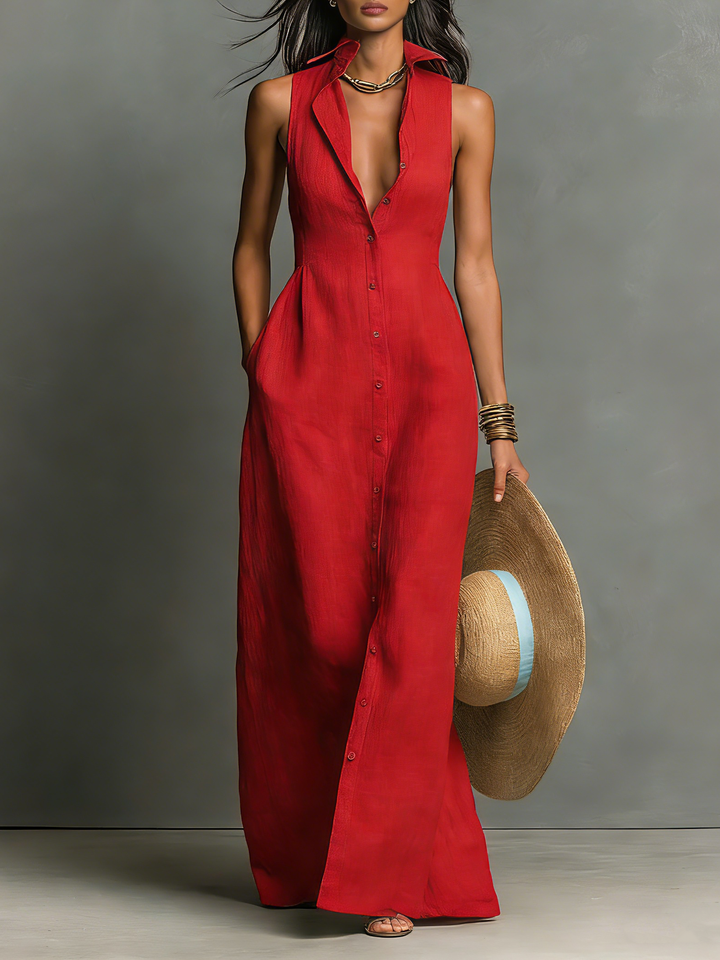 Morgan & Brooke | Red Linen Sleeveless Dress