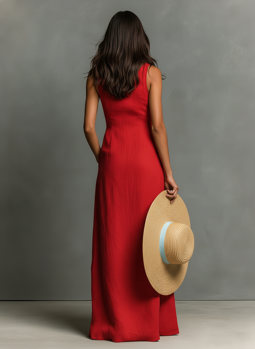 Morgan & Brooke | Red Linen Sleeveless Dress