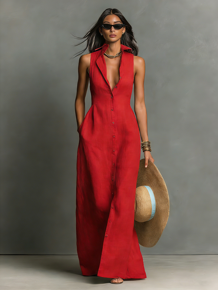 Morgan & Brooke | Red Linen Sleeveless Dress