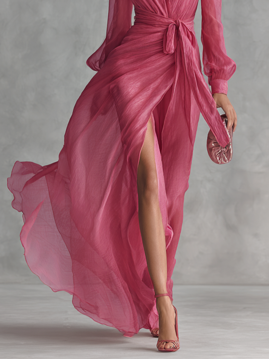 Morgan & Brooke | Rose Pink Chiffon V-Neck Evening Dress