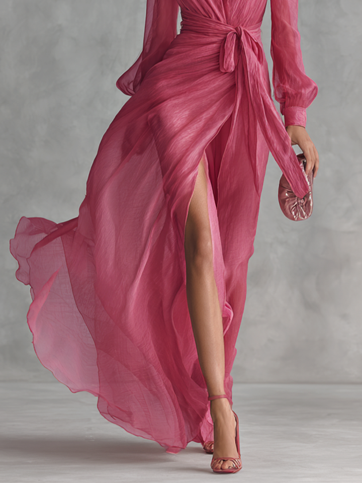 Morgan & Brooke | Rose Pink Chiffon V-Neck Evening Dress
