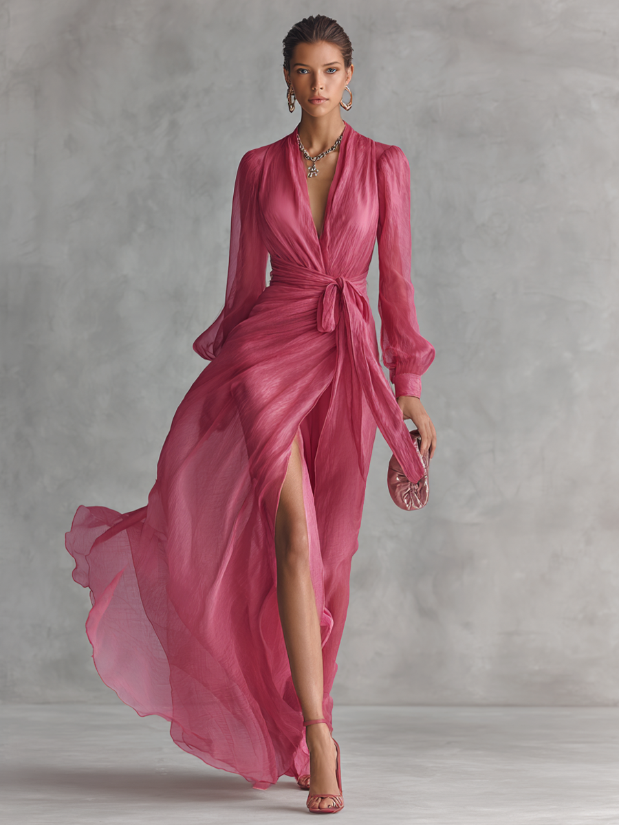 Morgan & Brooke | Rose Pink Chiffon V-Neck Evening Dress
