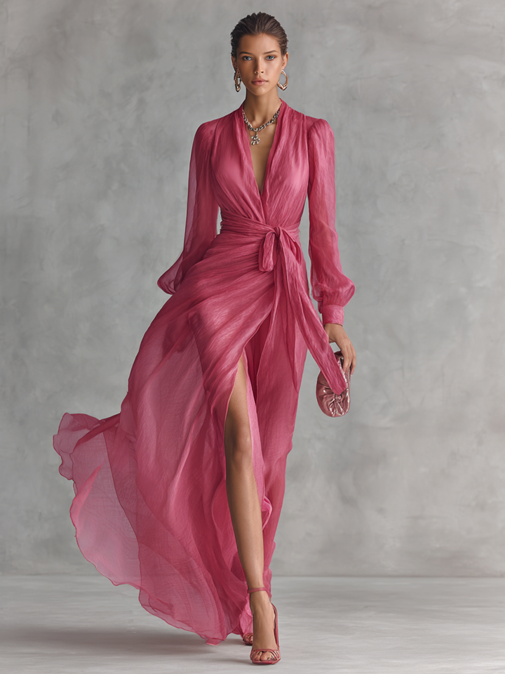 Morgan & Brooke | Rose Pink Chiffon V-Neck Evening Dress