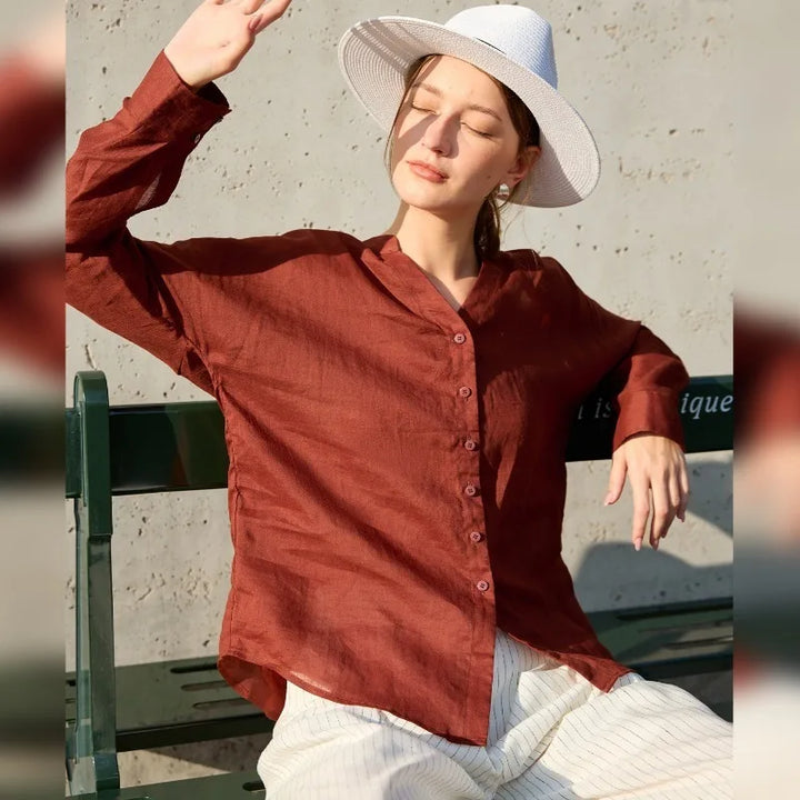 Morgan & Brooke | Natural Collarless V-Neck Linen Shirt