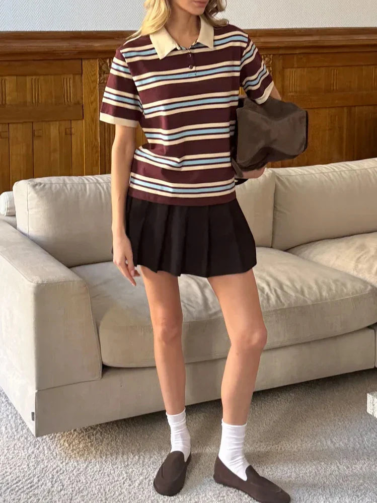 Morgan & Brooke | Striped Button-Placket Cotton Polo Tee