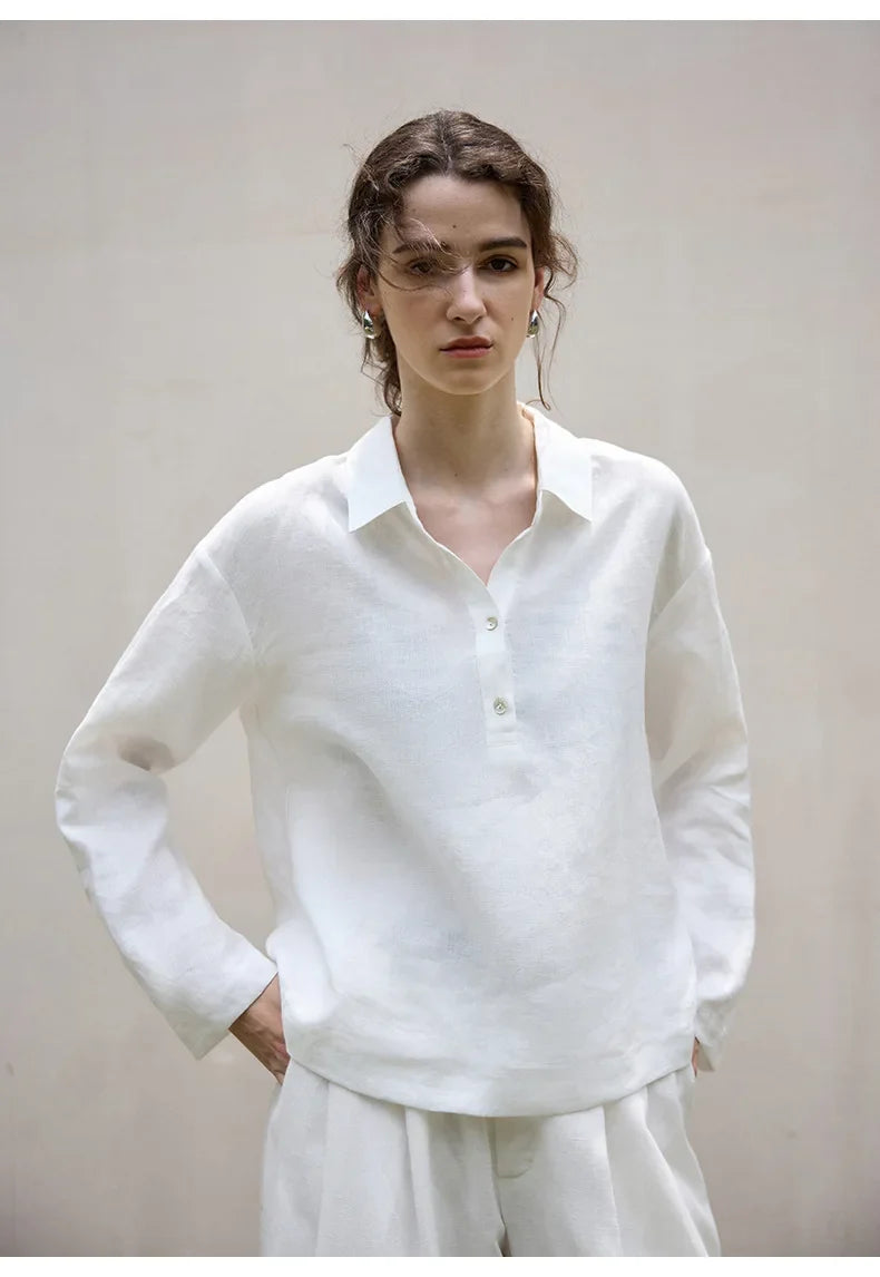 Morgan & Brooke | Natural Polo Collar Relaxed Fit Linen Pullover