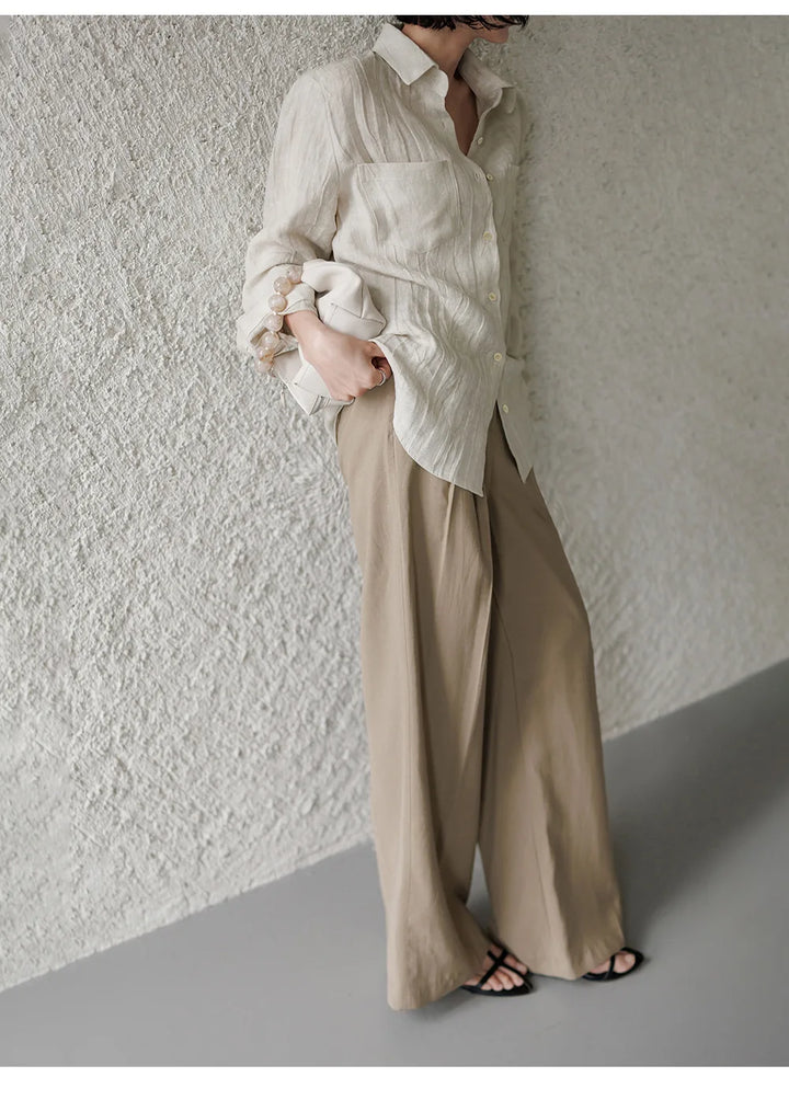 Morgan & Brooke | Natural Pleated Button-Up Linen Shirt