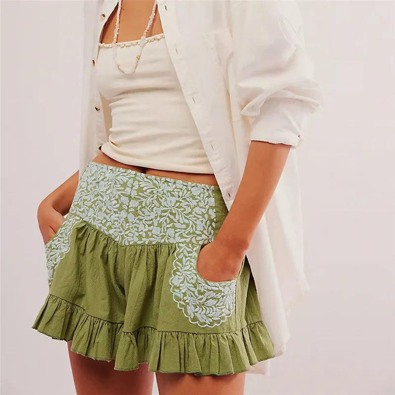 Morgan & Brooke | Embroidered Ruffle Pocket Cotton Shorts