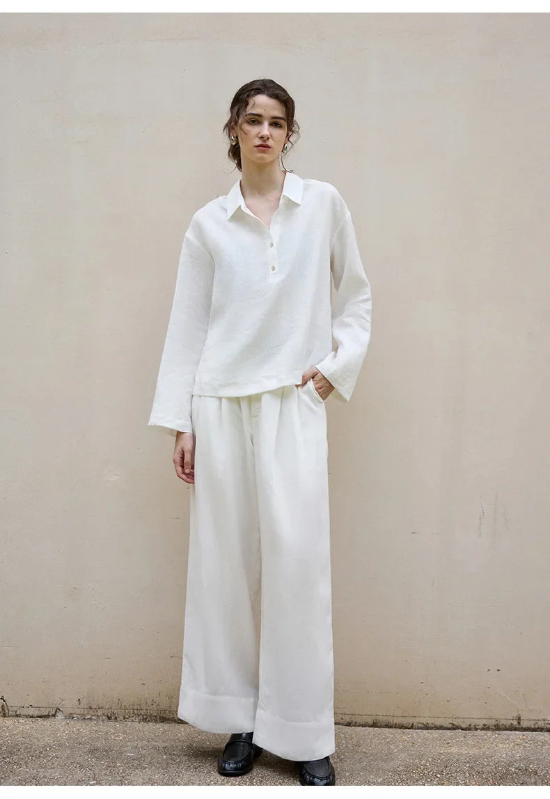 Morgan & Brooke | Natural Polo Collar Relaxed Fit Linen Pullover