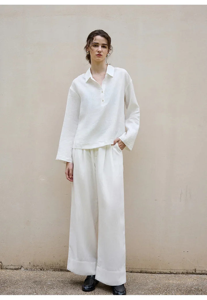 Morgan & Brooke | Natural Polo Collar Relaxed Fit Linen Pullover