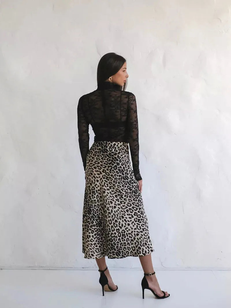 Morgan & Brooke | Leopard Print Midi Satin Skirt