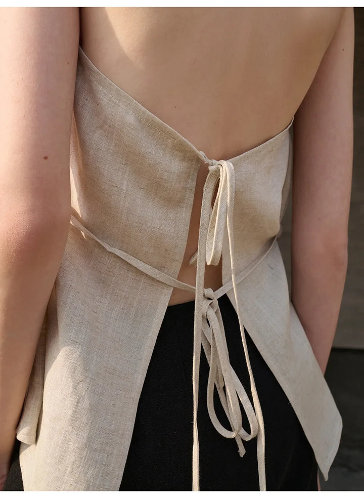 Morgan & Brooke | Natural Halter-Neck Waistcoat Cut Linen Top