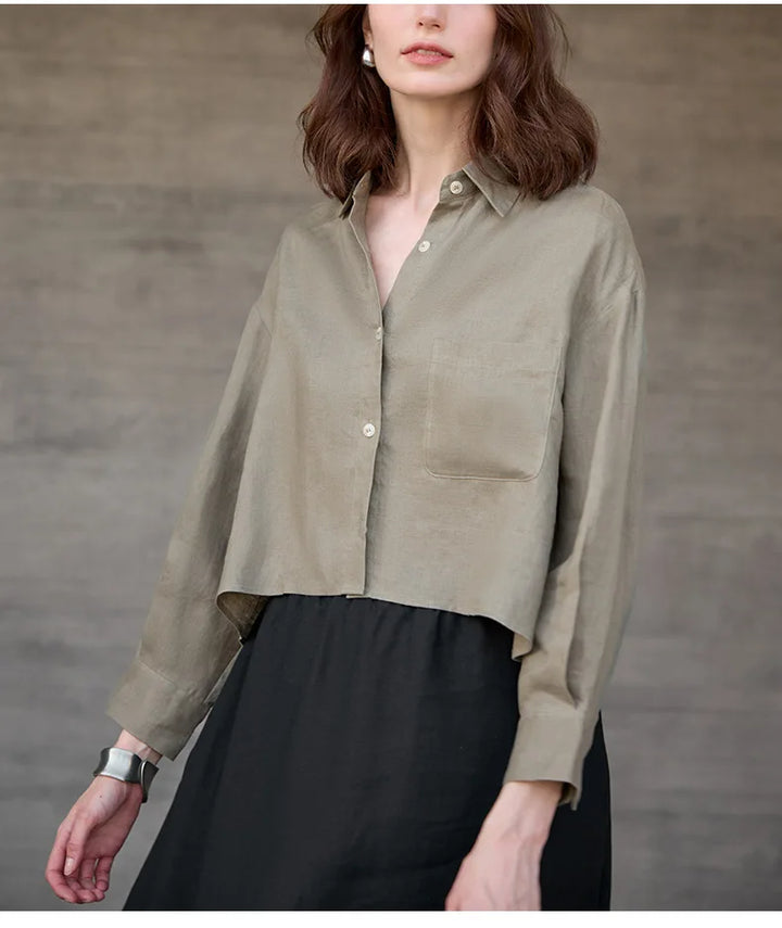Morgan & Brooke | Natural Cropped Button-Up Linen Overshirt