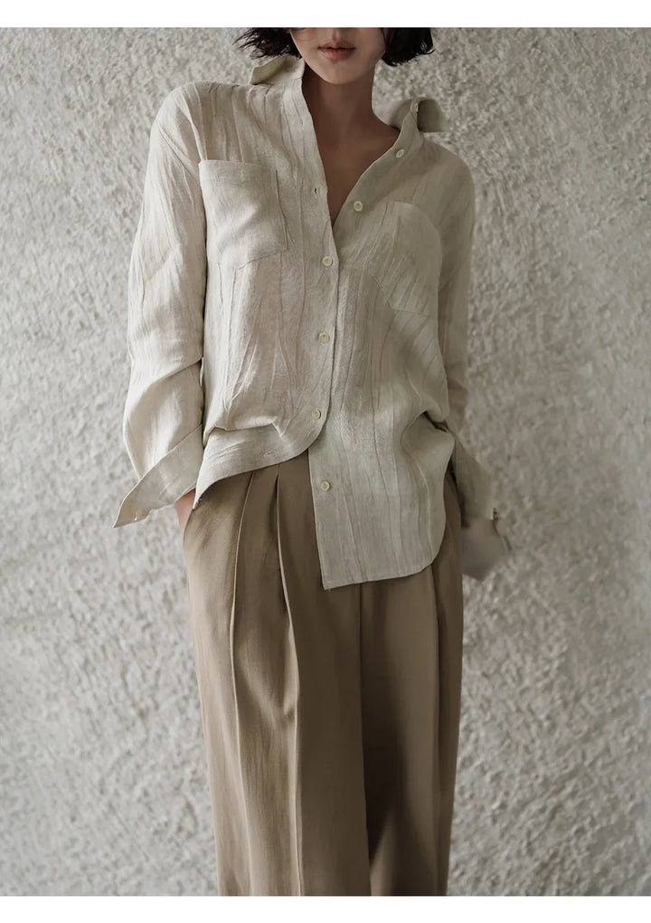 Morgan & Brooke | Natural Pleated Button-Up Linen Shirt