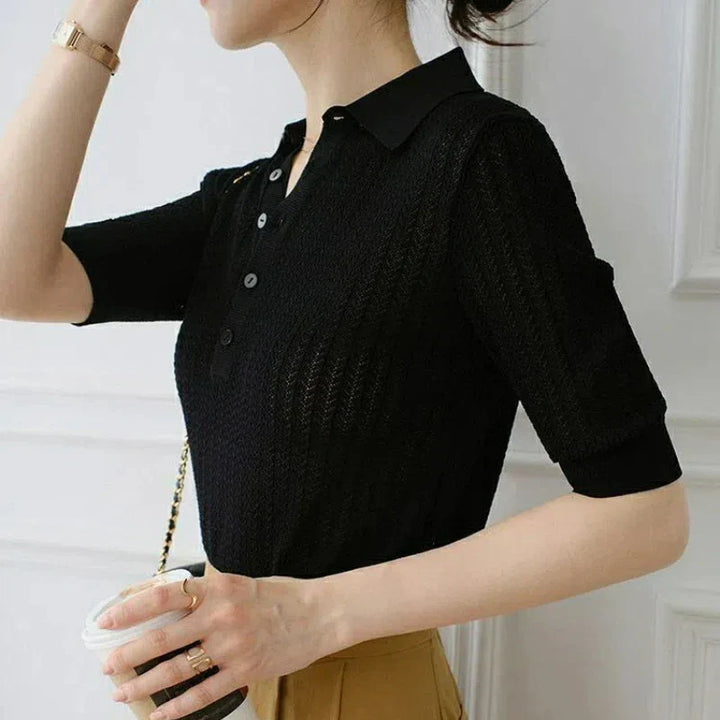 Morgan & Brooke | Ribbed Polo Collar Knit Blouse