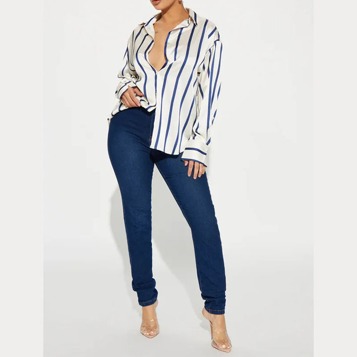 Morgan & Brooke | Striped Satin Button-Up Shirt