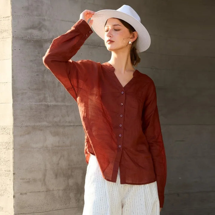 Morgan & Brooke | Natural Collarless V-Neck Linen Shirt