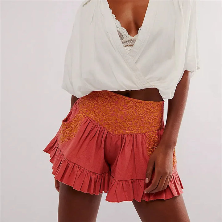 Morgan & Brooke | Embroidered Ruffle Pocket Cotton Shorts