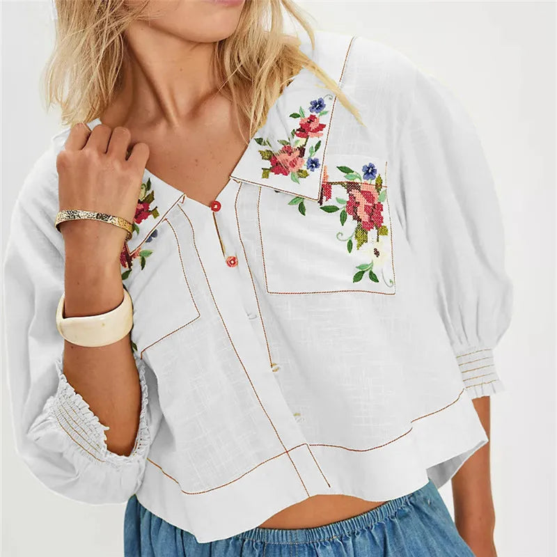 Morgan & Brooke | Floral-Embroidered Cropped Blouse
