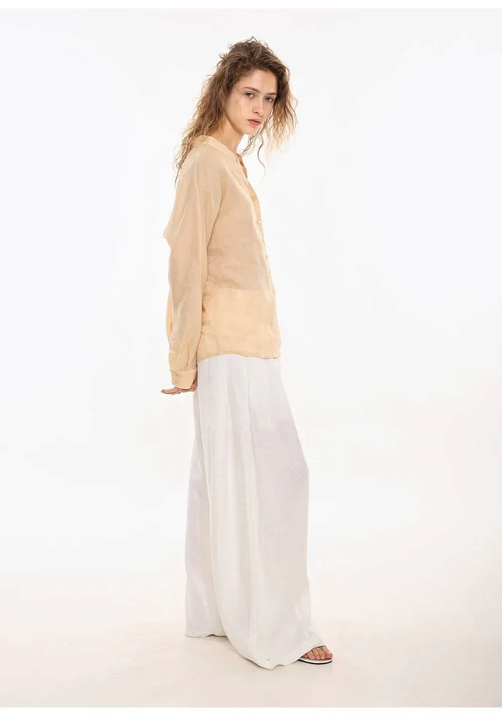 Morgan & Brooke | Natural Collarless V-Neck Linen Shirt